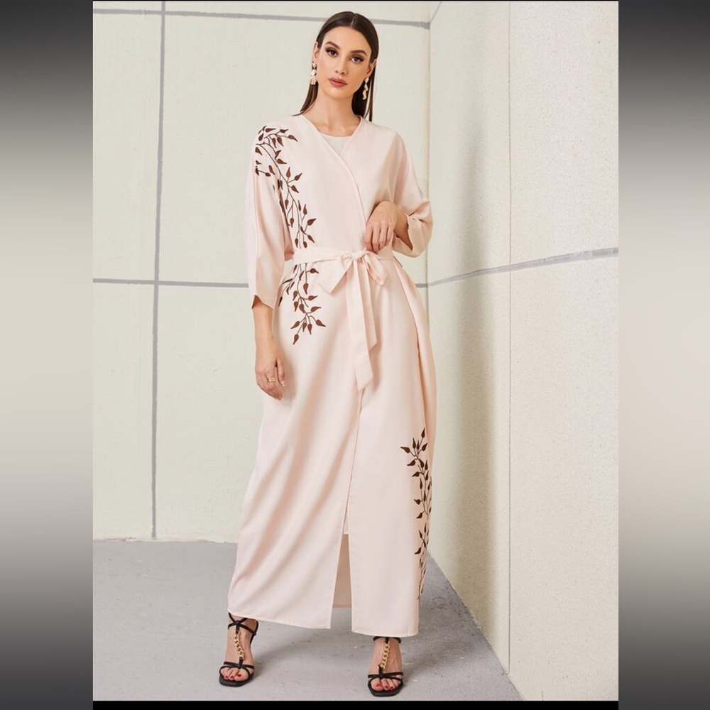 SHEIN Najma Plant Print Split Hem Belted Abaya Modest Maxi Cardigan